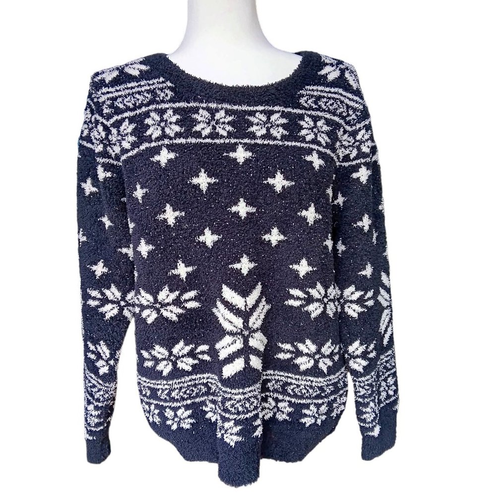 Barefoot Dreams CozyChic Seaside Crew Neck  Sweater Snowflake Black L NWT